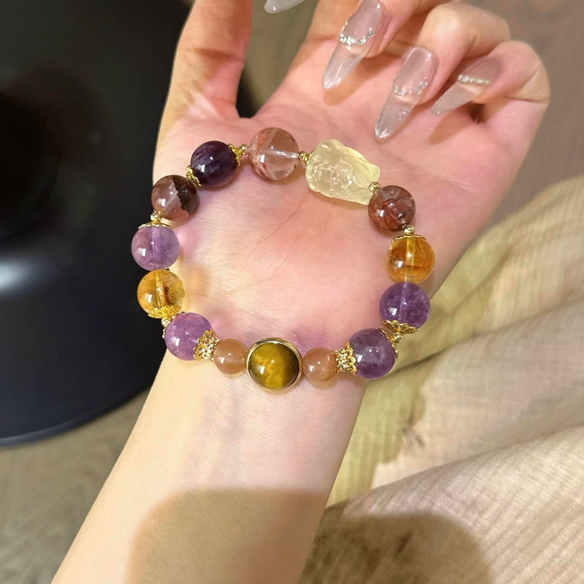 红胶花黄塔晶紫云母黄水晶狐狸手串