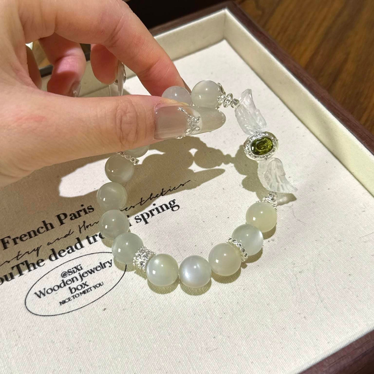 白月光白水晶翅膀绿锆石魔盒手串