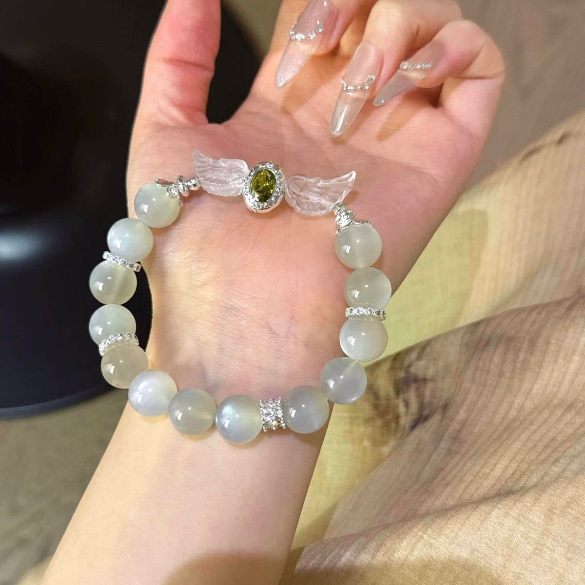 白月光白水晶翅膀绿锆石魔盒手串