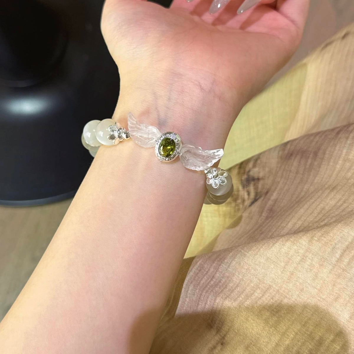 白月光白水晶翅膀绿锆石魔盒手串