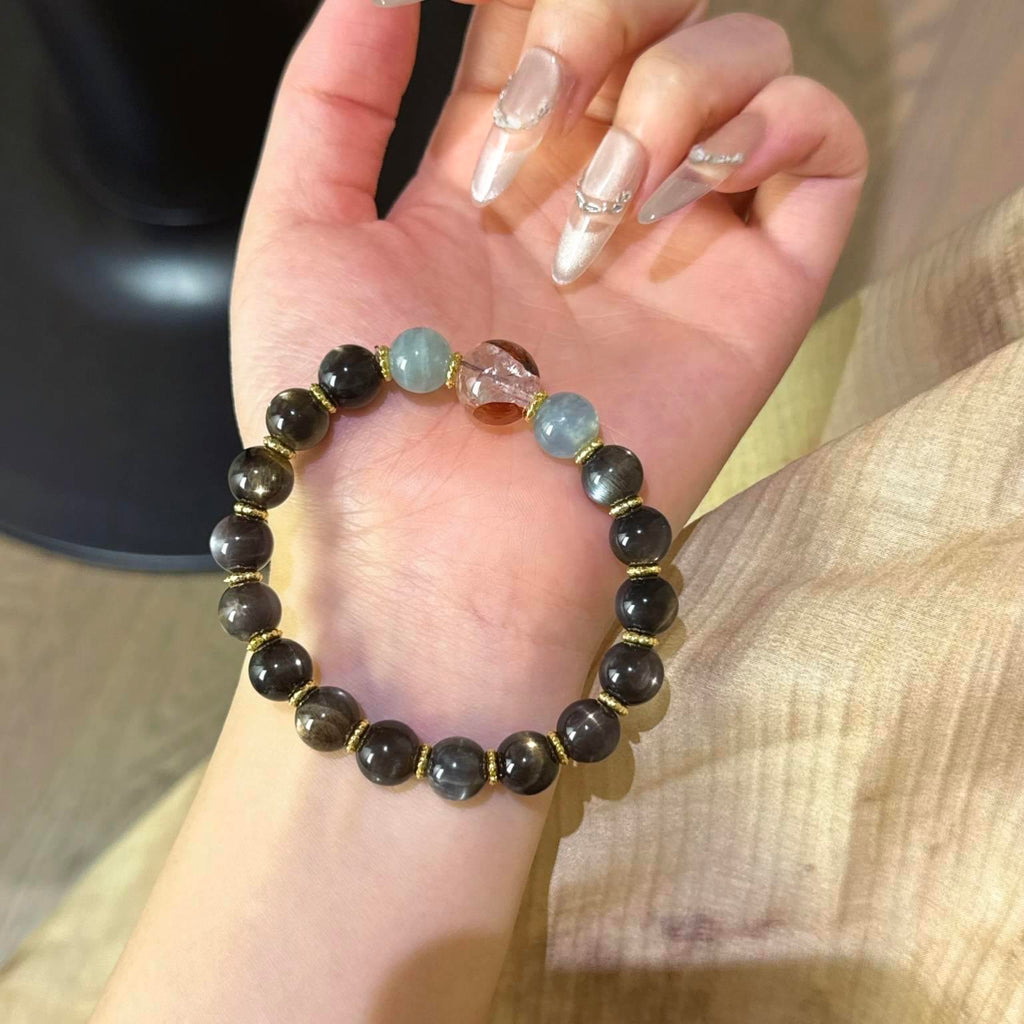 金骨干海蓝宝红胶花手串