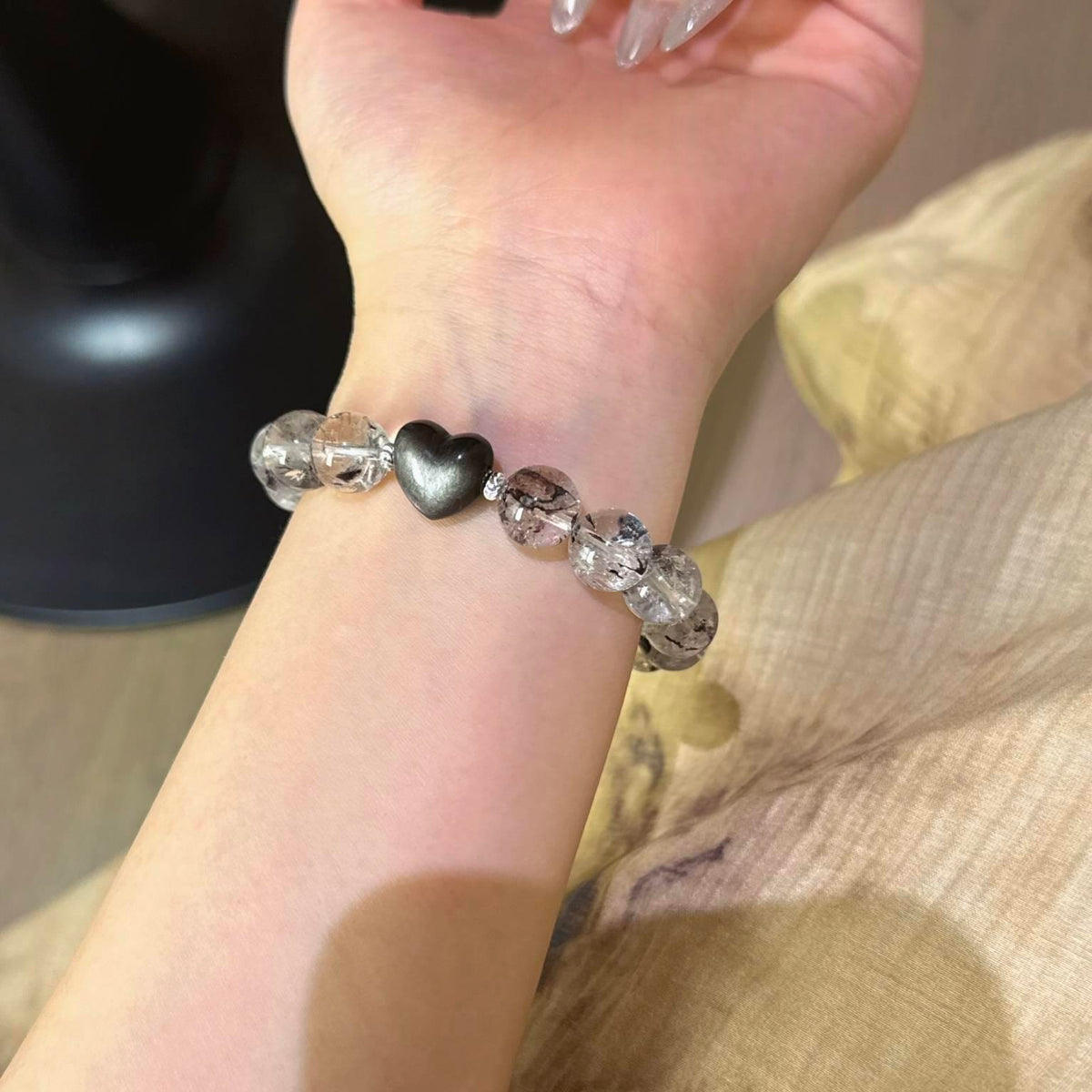 闪灵钻银曜石爱心手串