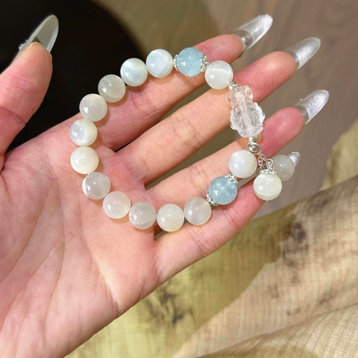 白月光海蓝宝白水晶度母手串