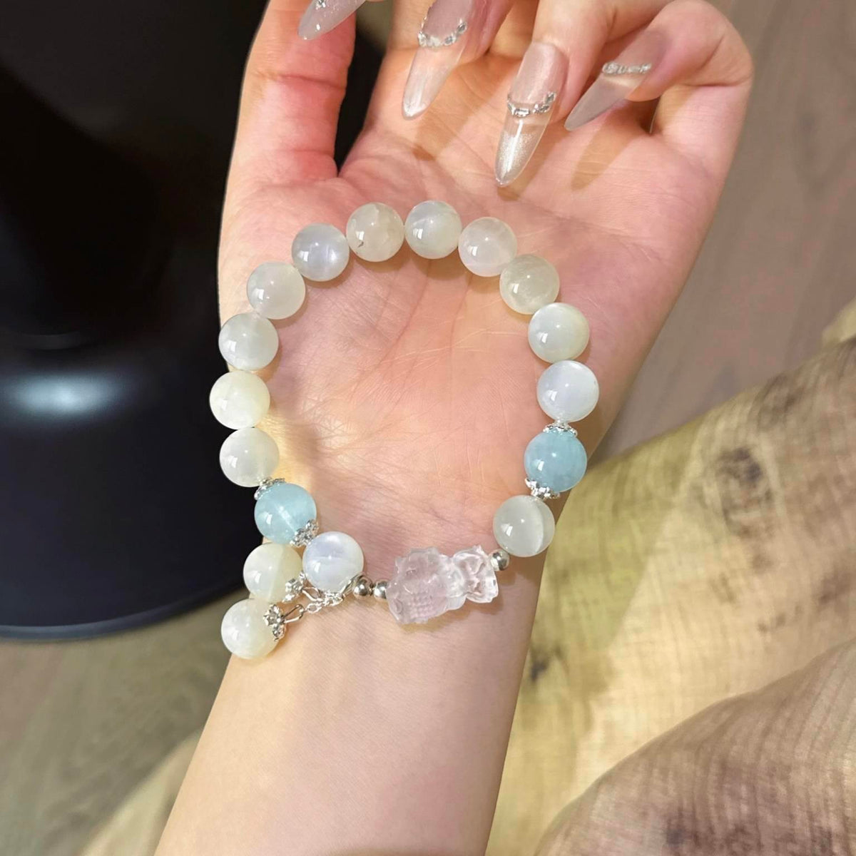 白月光海蓝宝白水晶度母手串