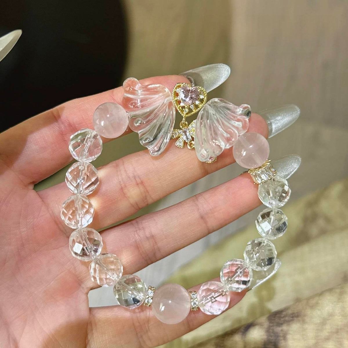 白水晶粉水晶翅膀手串