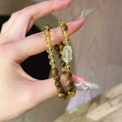 黄水晶沉香木貔貅手串