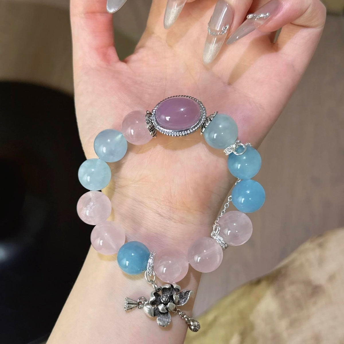 粉水晶海蓝宝魔盒手串