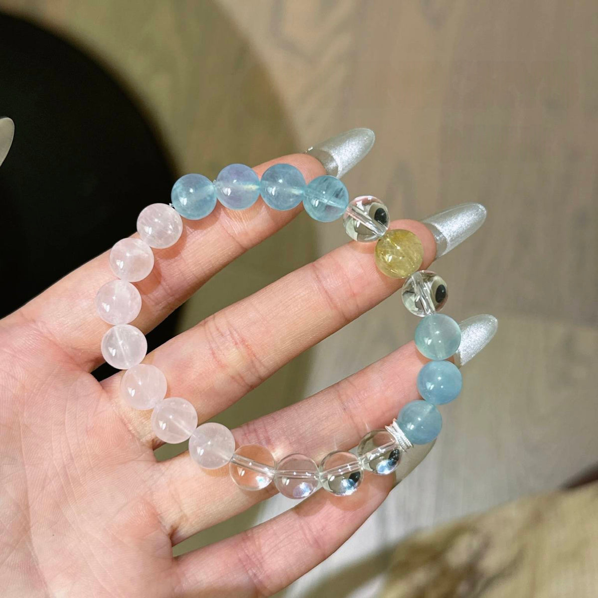 白水晶粉水晶海蓝宝金发晶手串