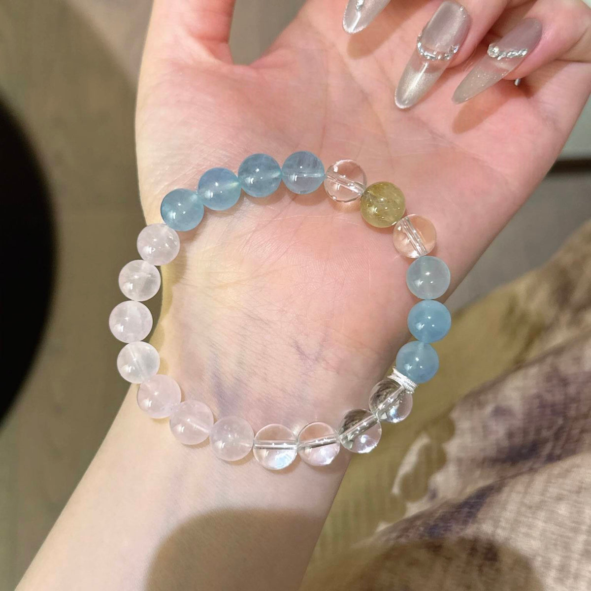 白水晶粉水晶海蓝宝金发晶手串