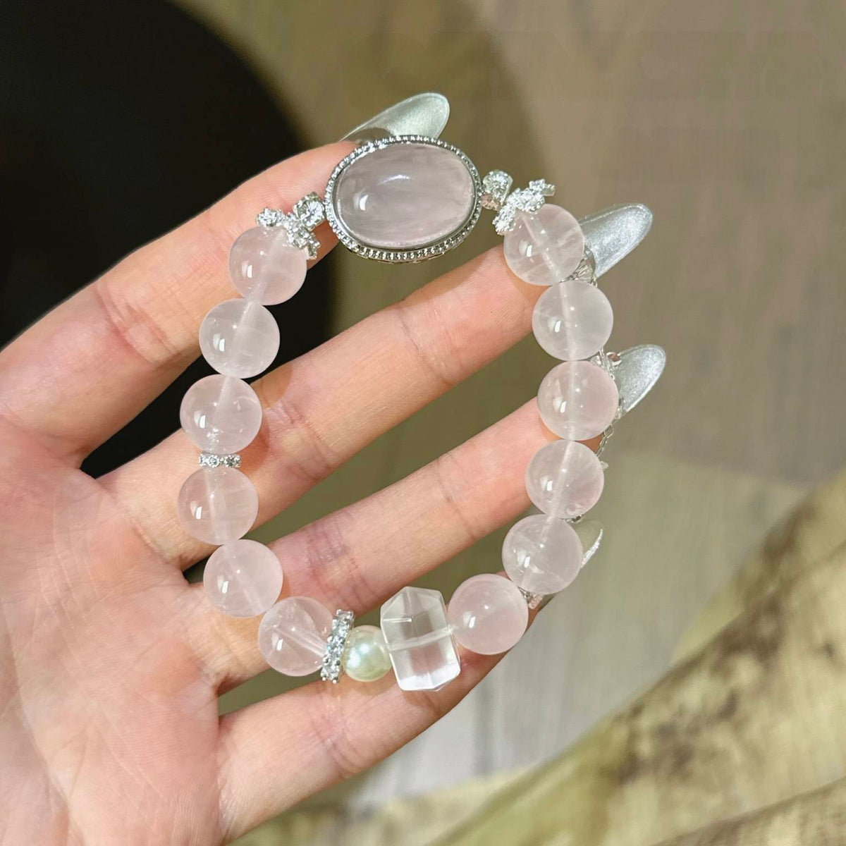 白水晶双尖粉水晶魔盒手串