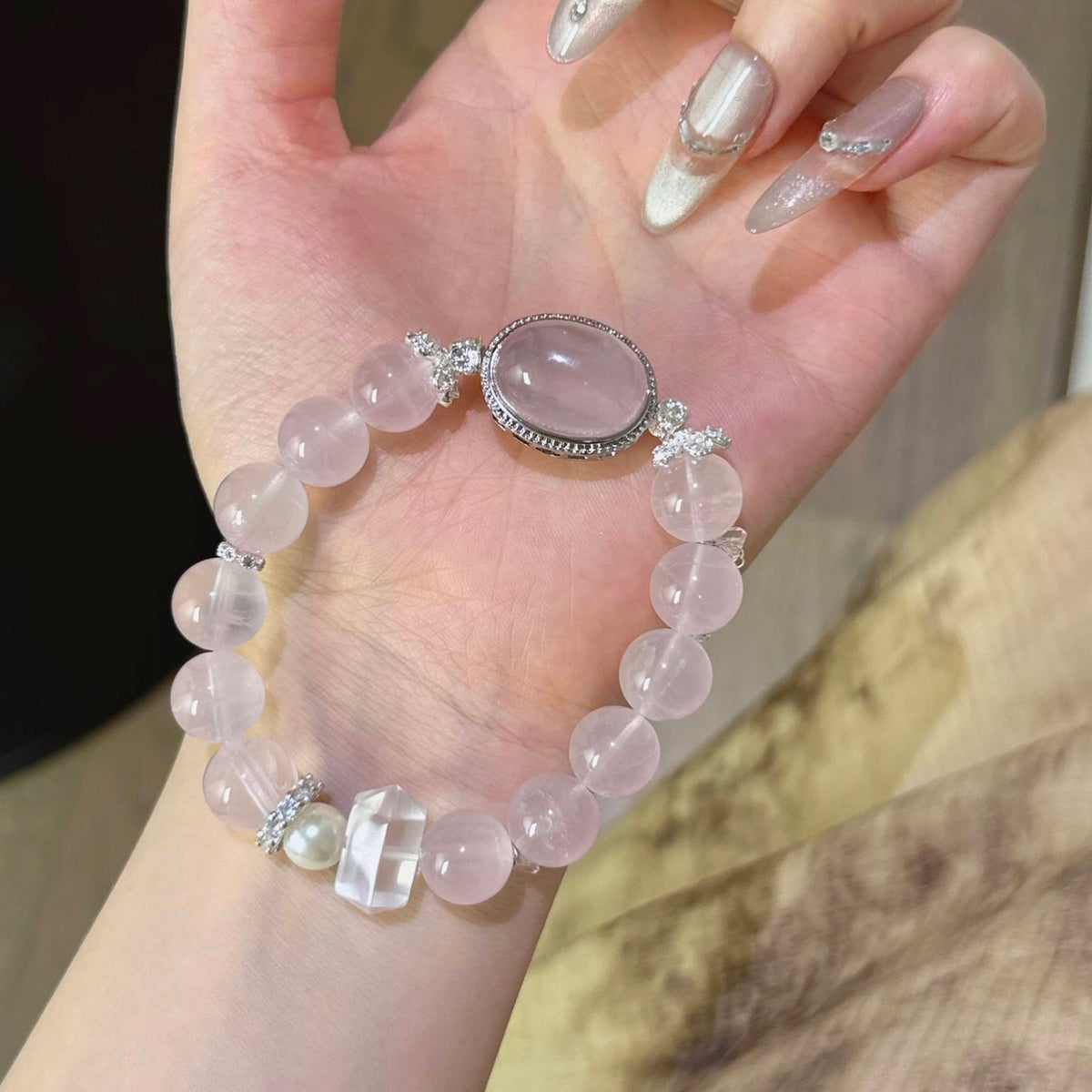 白水晶双尖粉水晶魔盒手串