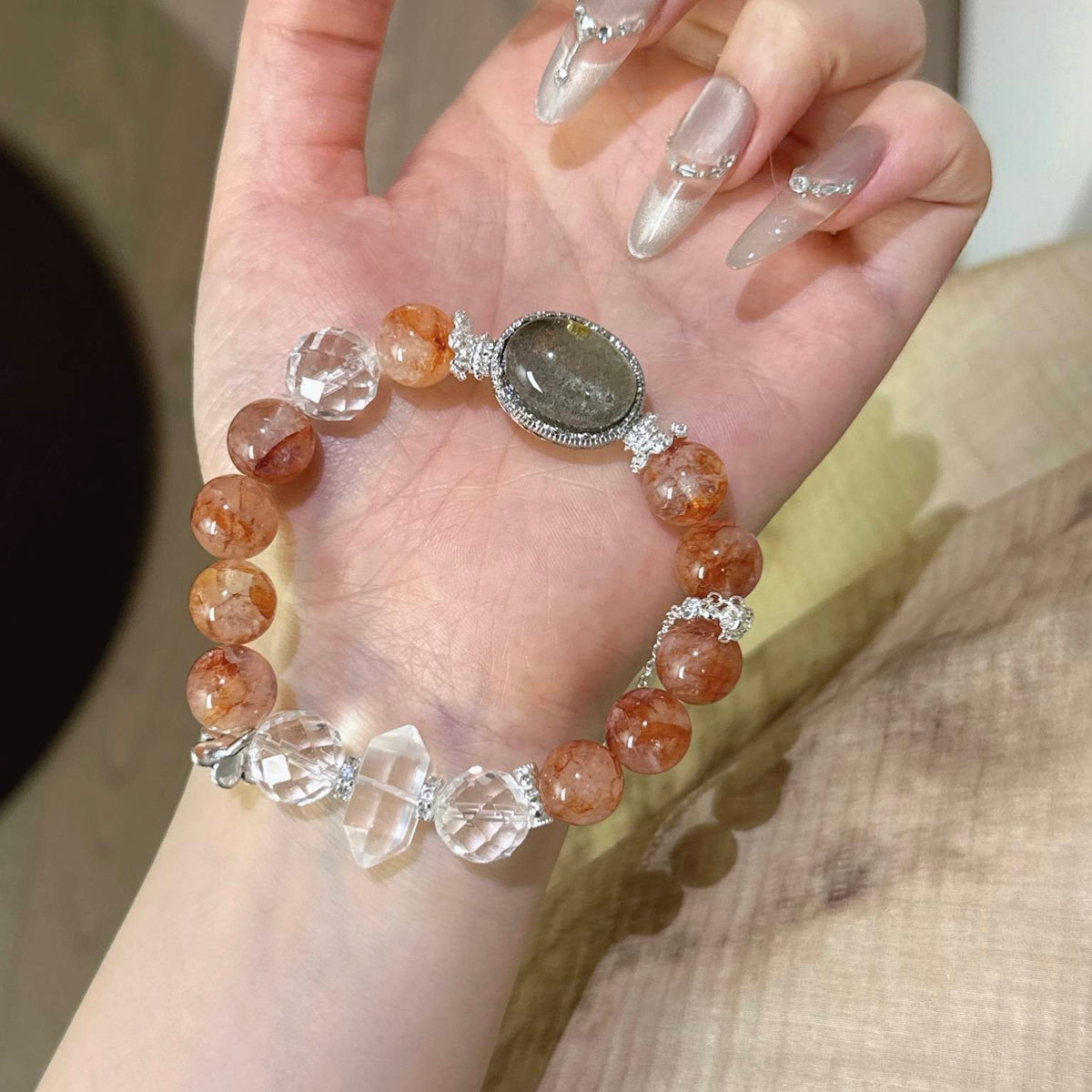 红胶花白水晶绿幽灵魔盒手串