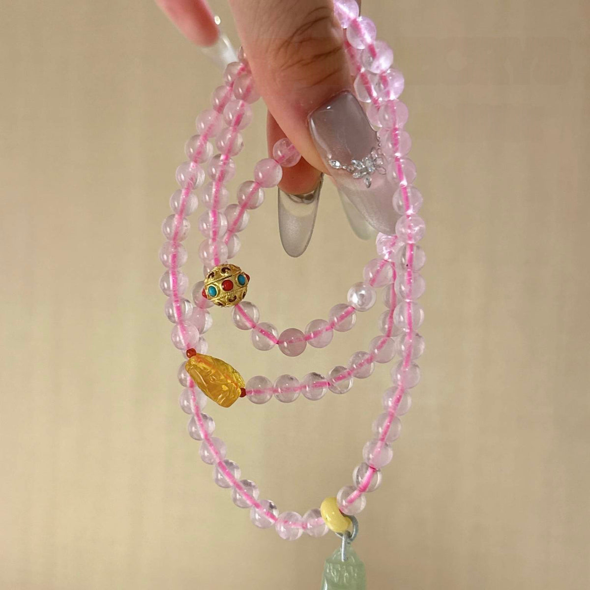 粉水晶蜜蜡和田玉手串