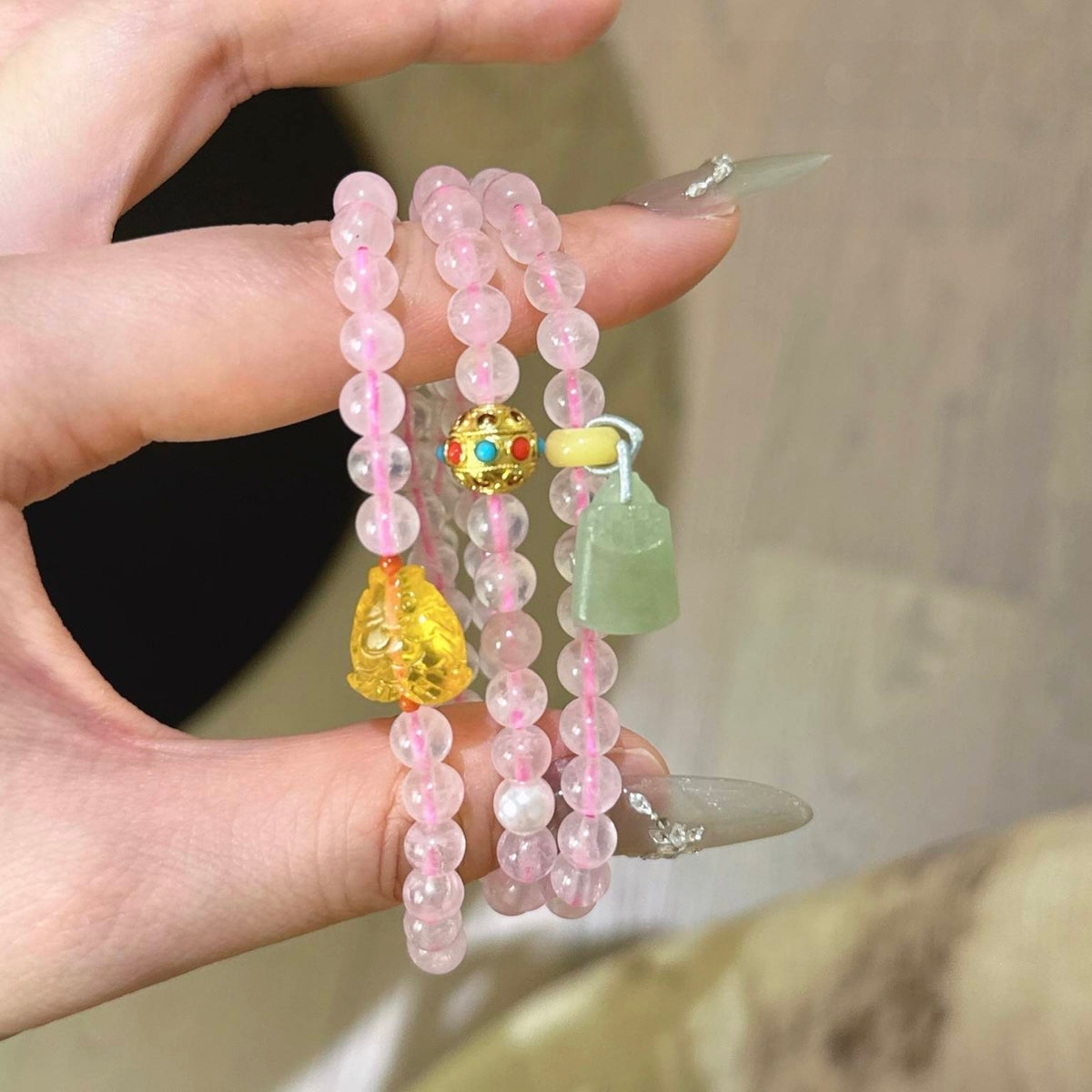 粉水晶蜜蜡和田玉手串