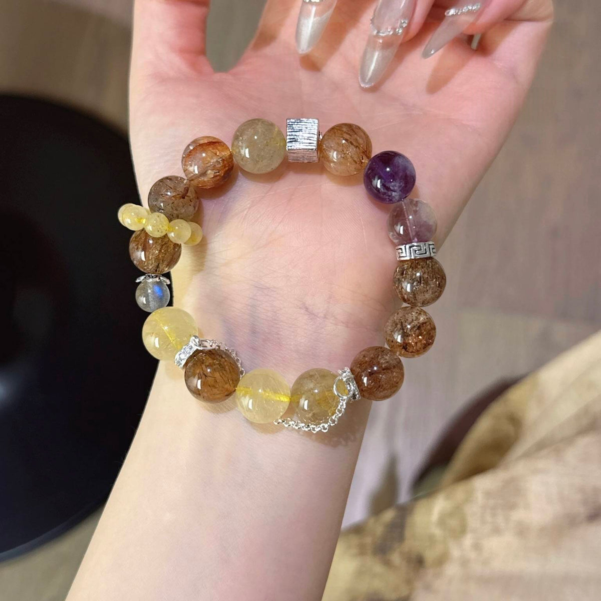 紫幽灵黑金超金发晶灰月光手串
