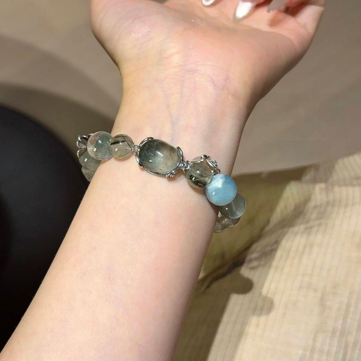 绿幽灵海蓝宝绿发晶手串
