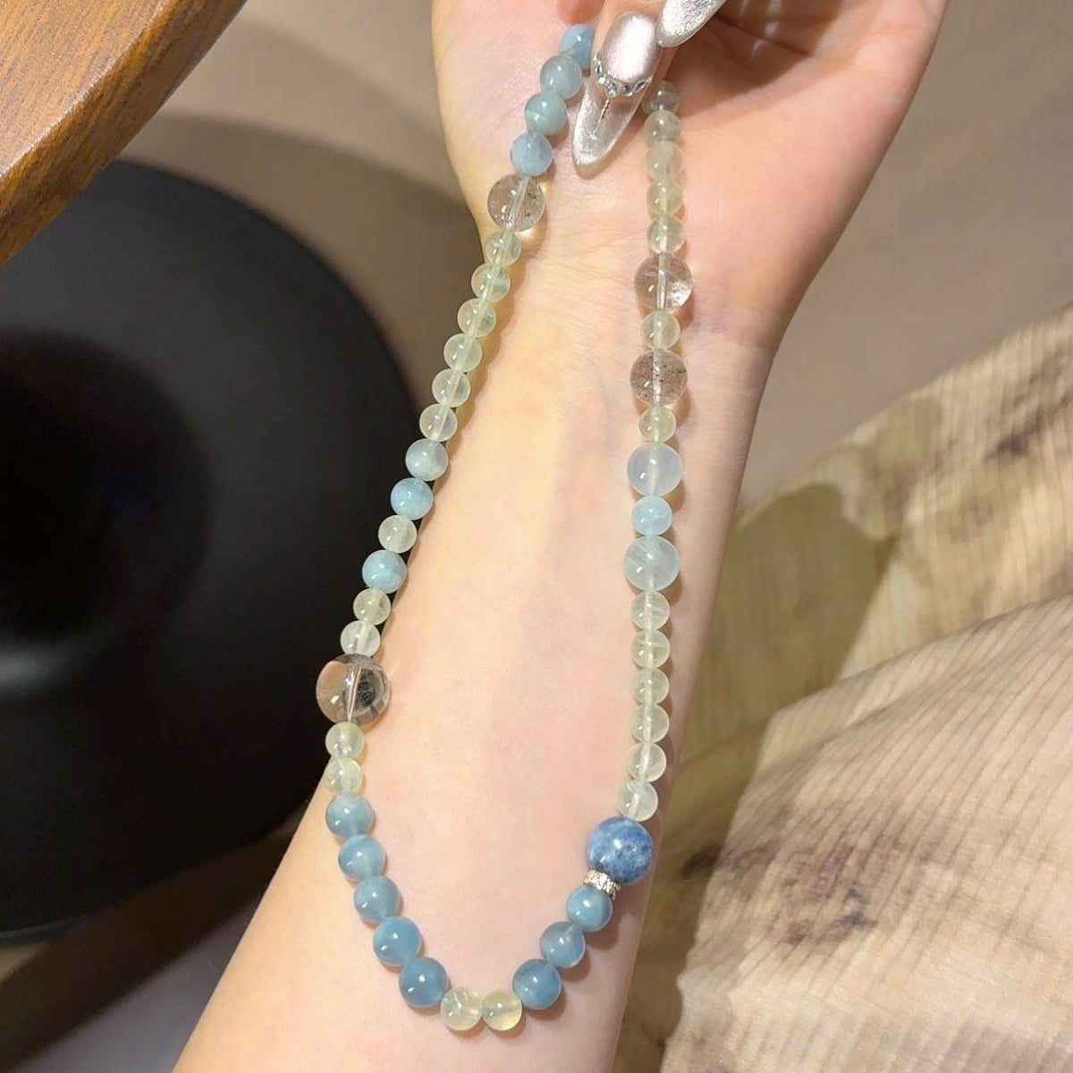 葡萄石海蓝宝绿幽灵蓝晶手串