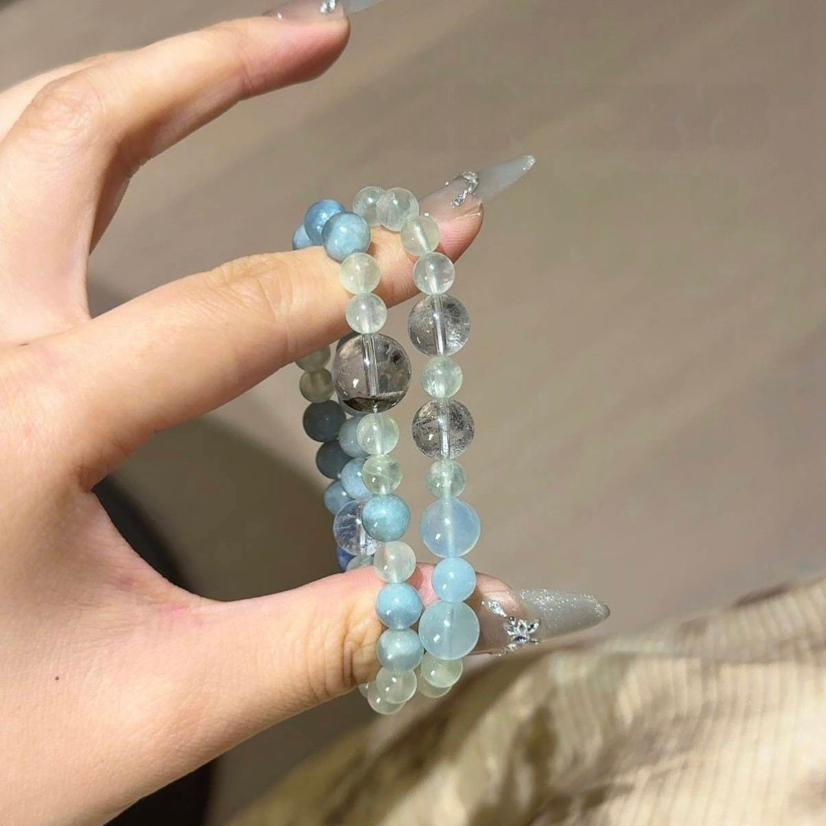 葡萄石海蓝宝绿幽灵蓝晶手串