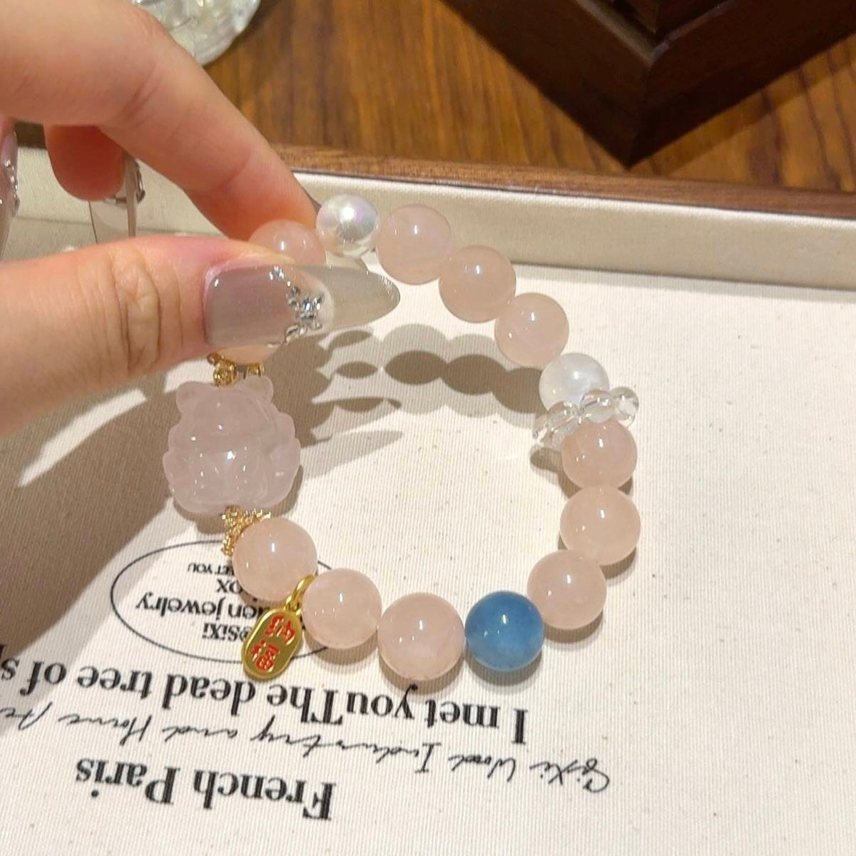 粉水晶海蓝宝蓝月光九尾狐手串