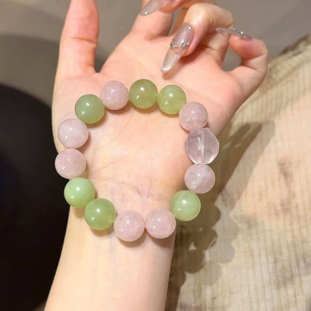 岫玉粉水晶随形手串
