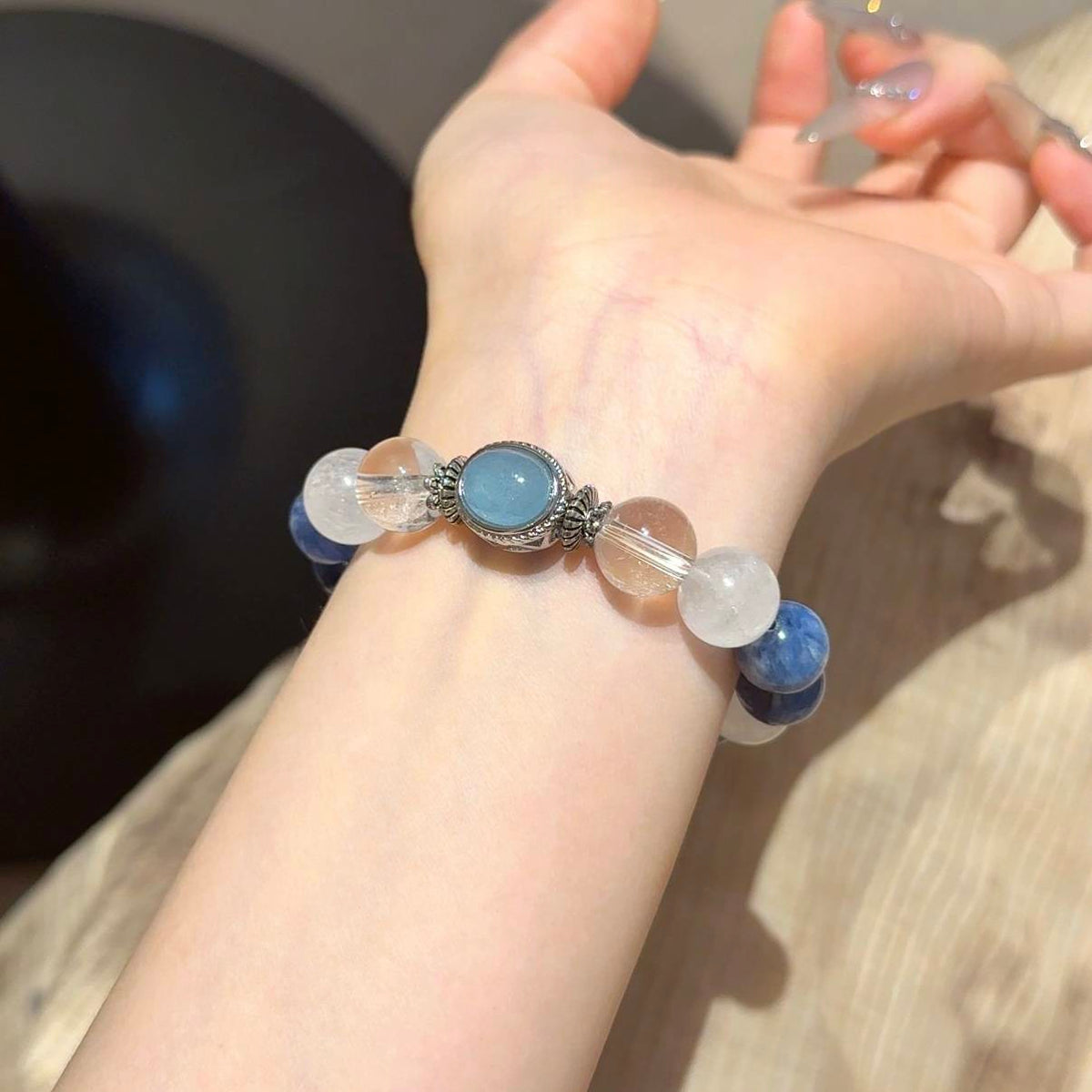 蓝晶石白水晶魔盒手串