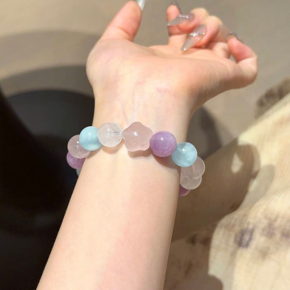 紫锂辉海蓝宝手串