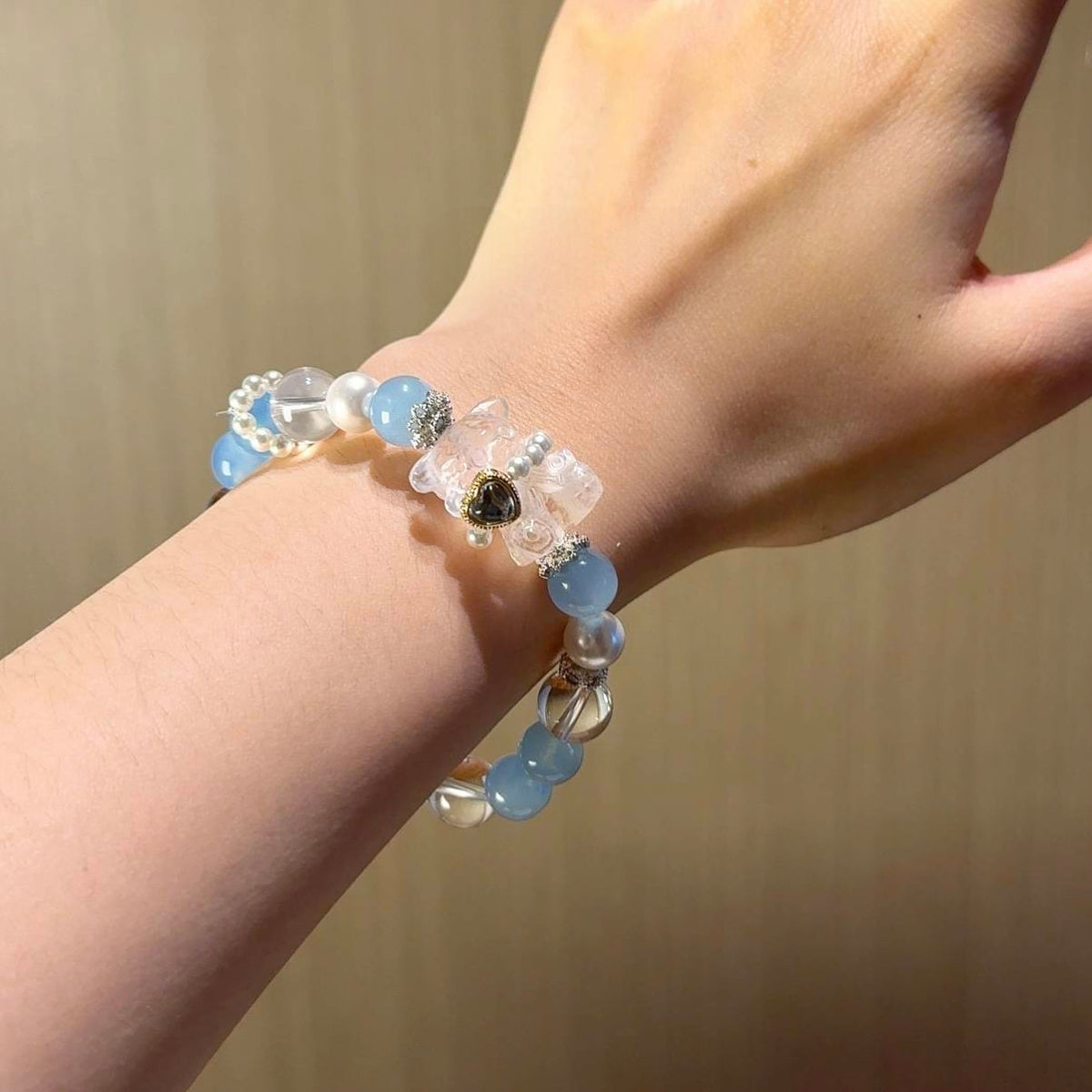 海蓝宝白水晶小熊手串