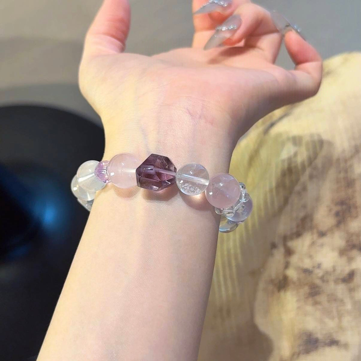 粉水晶白水晶双尖手串
