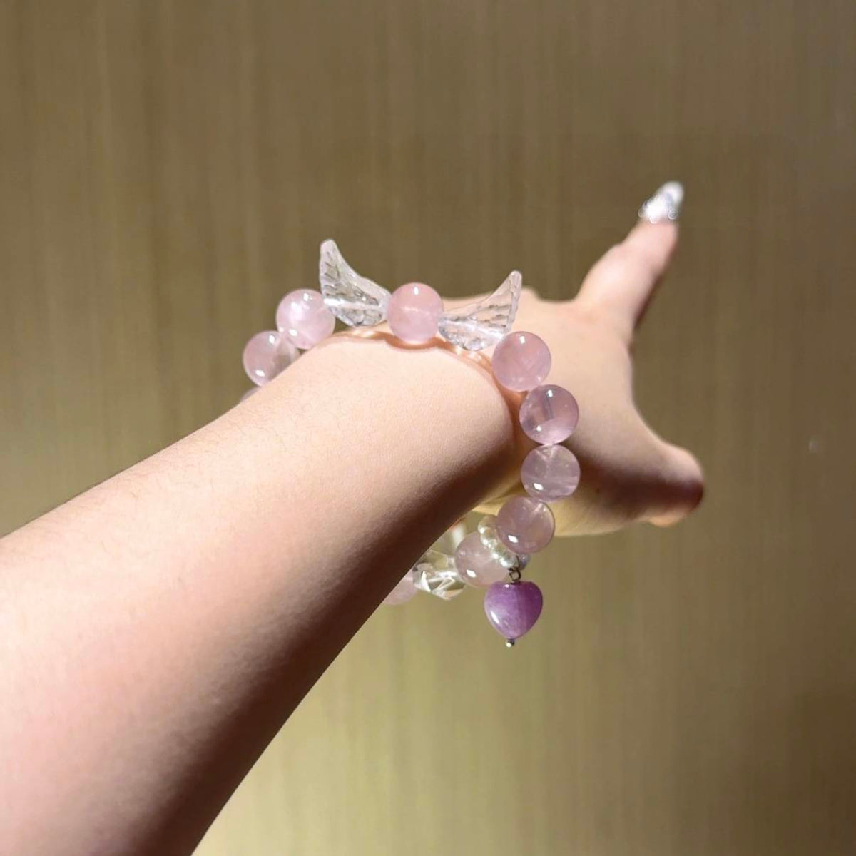 粉水晶白水天使翅膀手串