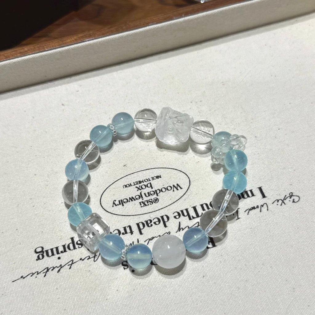 海蓝宝白幽醒狮手串