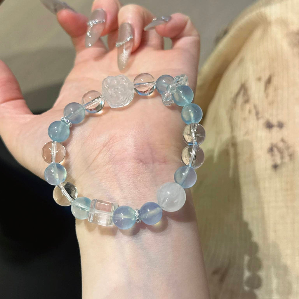 海蓝宝白幽醒狮手串