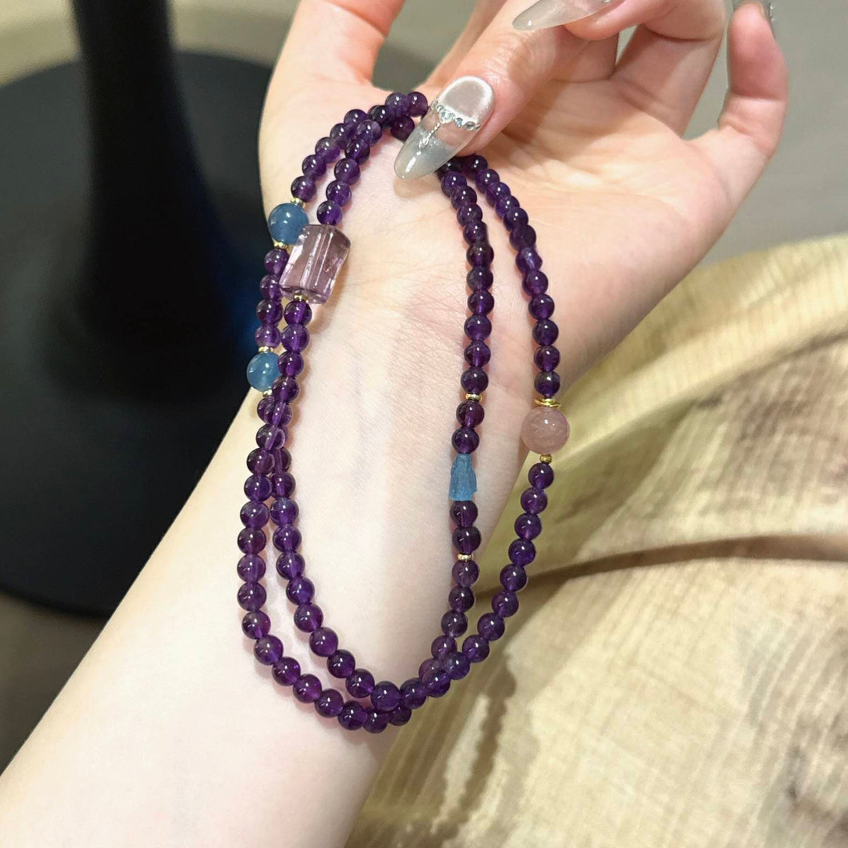 紫水晶海蓝宝粉晶手串