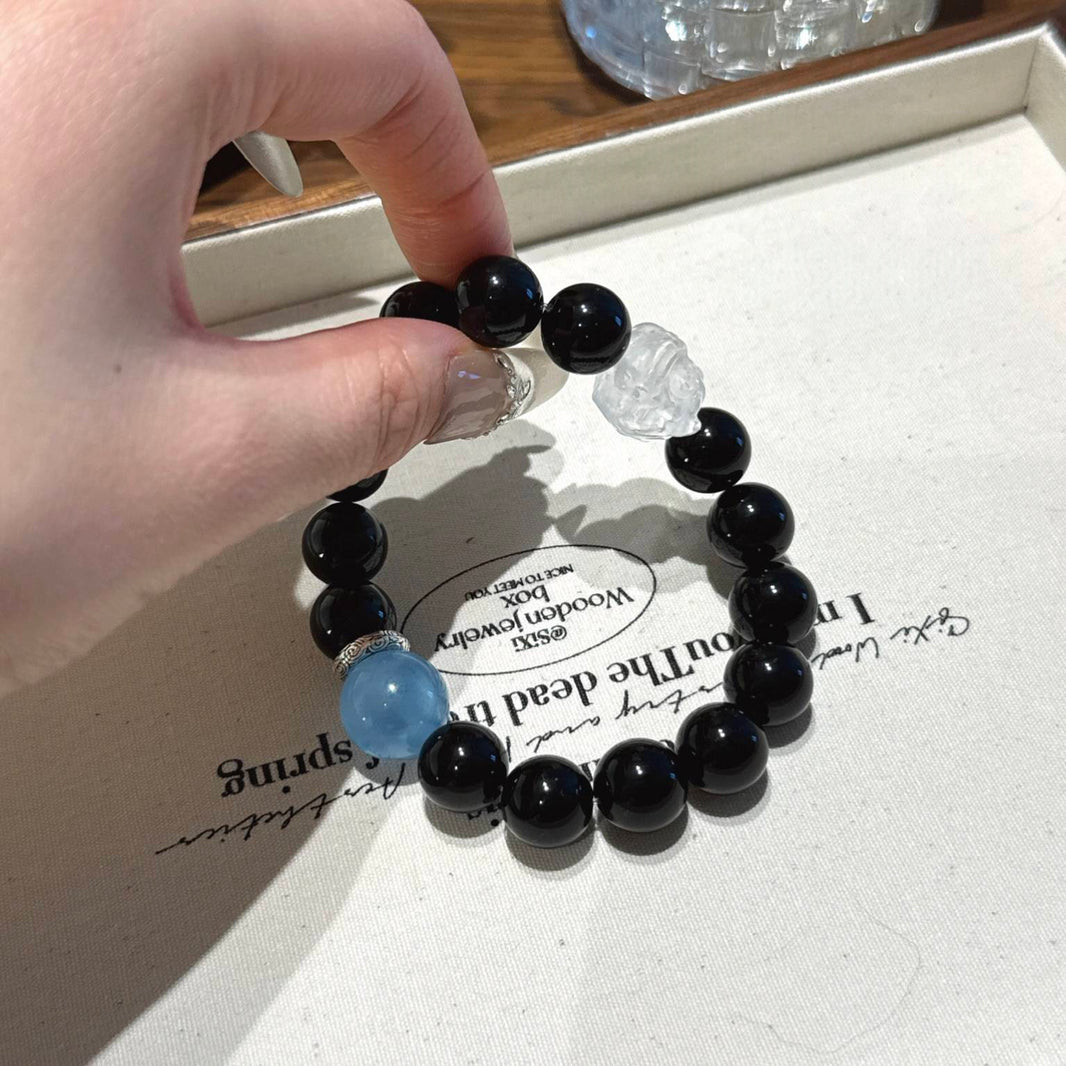 黑曜海蓝宝醒狮手串