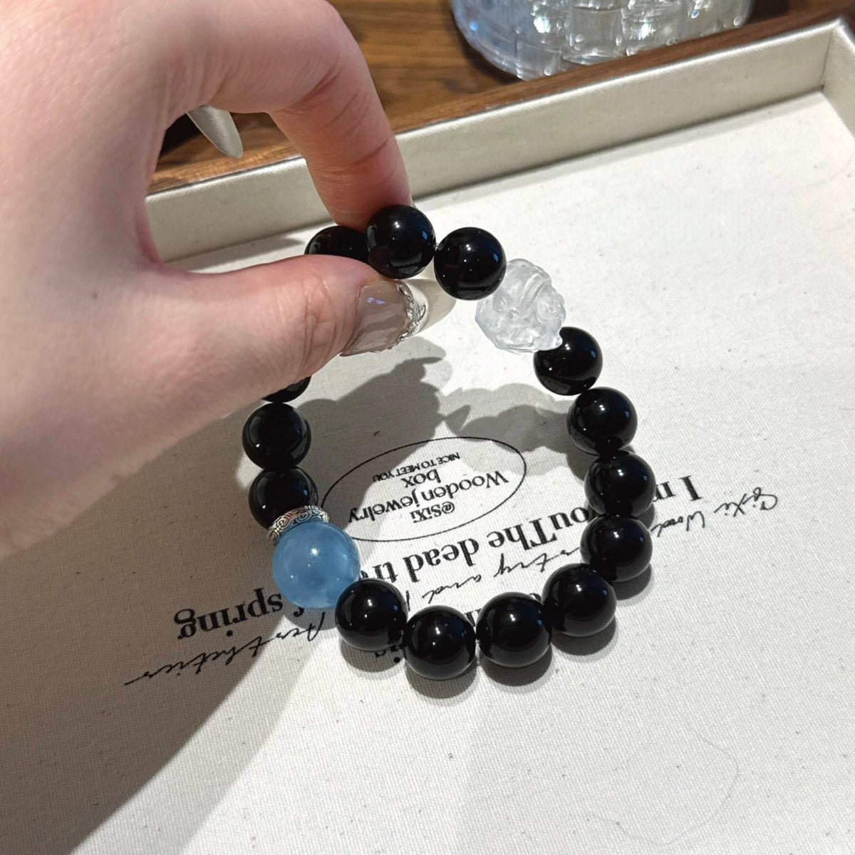 黑曜海蓝宝醒狮手串