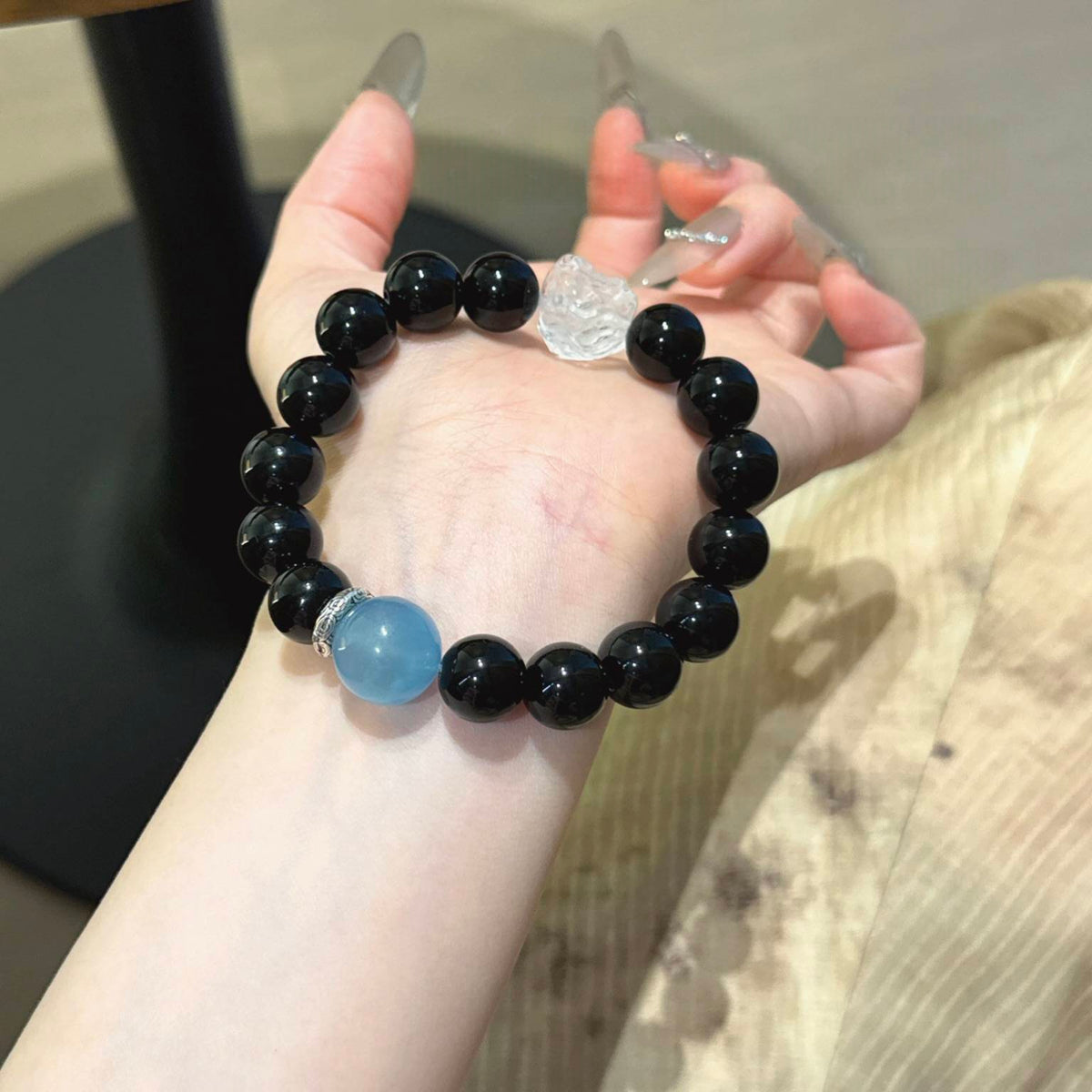 黑曜海蓝宝醒狮手串