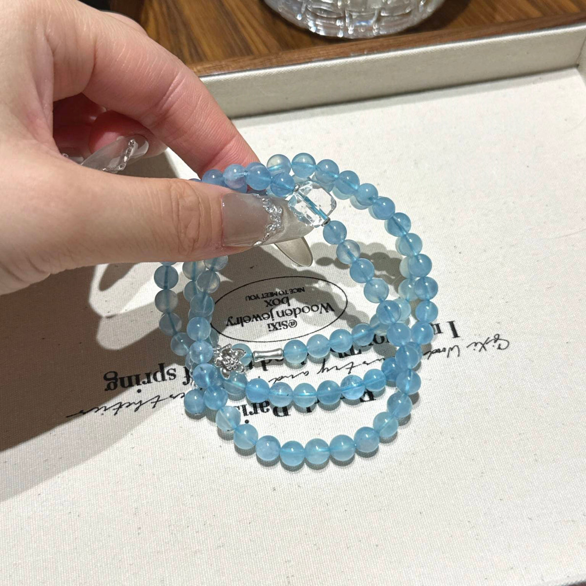 白水晶方糖海蓝宝多圈手链