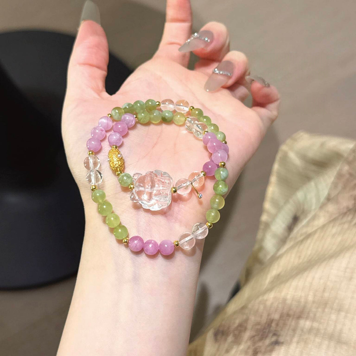 岫玉紫锂辉九尾狐多圈手链