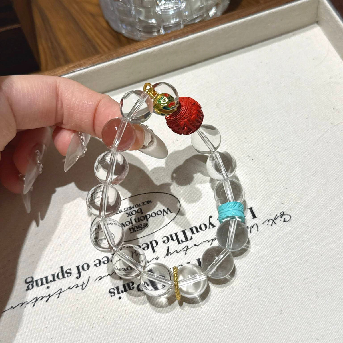 白水晶红砂六字箴言手串