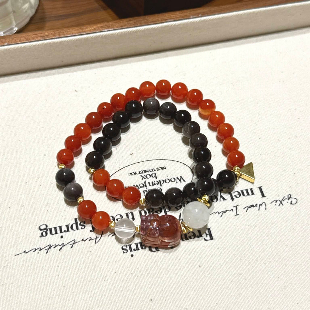 南红玛瑙银曜石貔貅手串