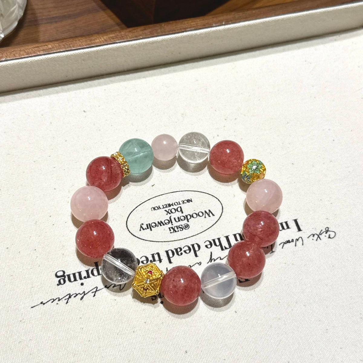 草莓晶西柚粉绿萤石手串